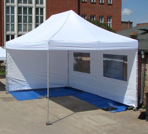 weißer Faltpavillon 6x4 Meter halboffen mit Panorama-Seitenwand
